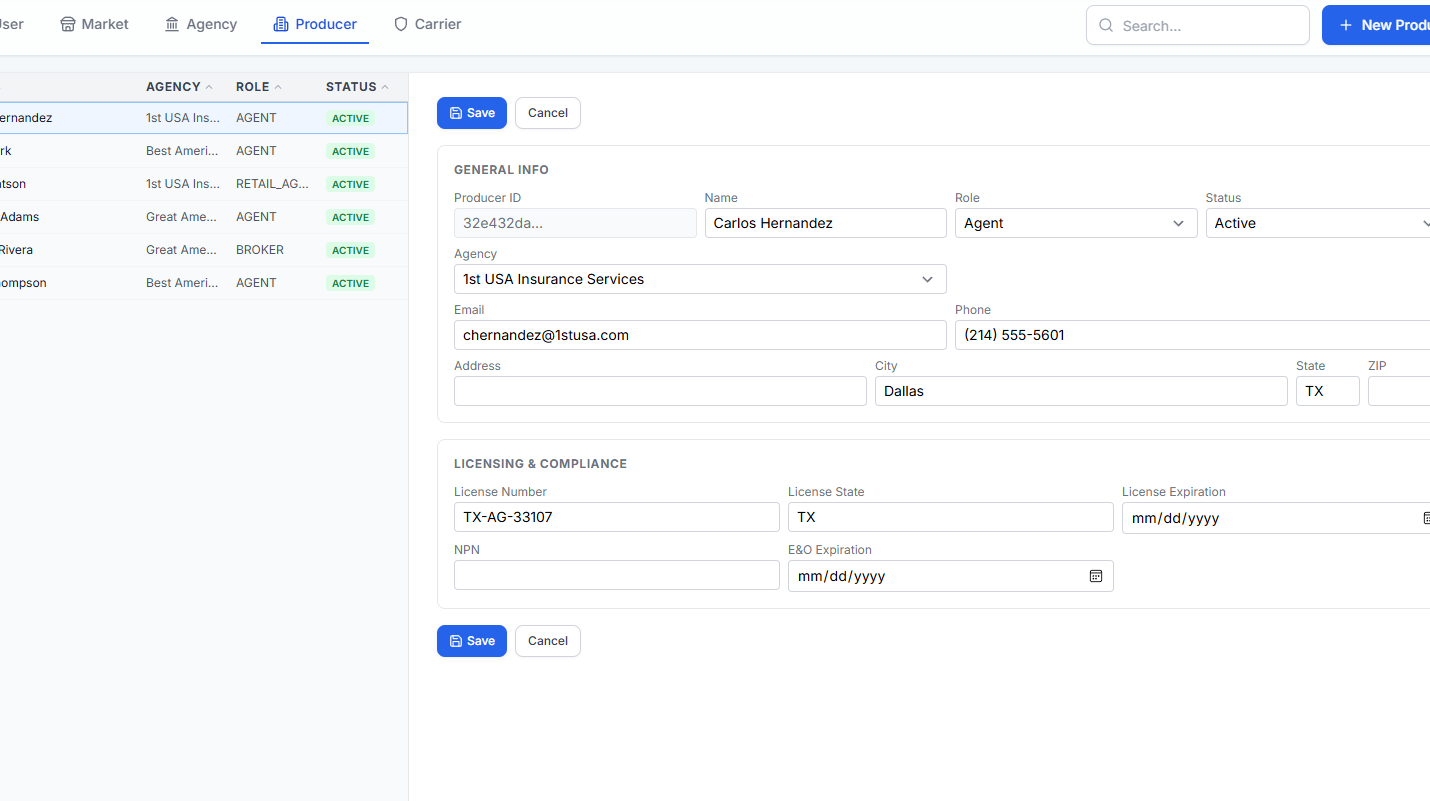 Agency and producer setup